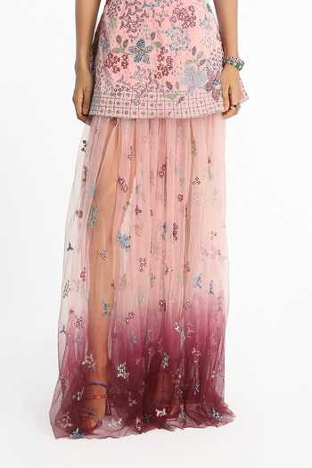Buy_Aisha Rao_Pink Satin, Tulle, Silk V-neck Silene Baby Tunic And Sheer Skirt Set _Online_at_Aza_Fashions