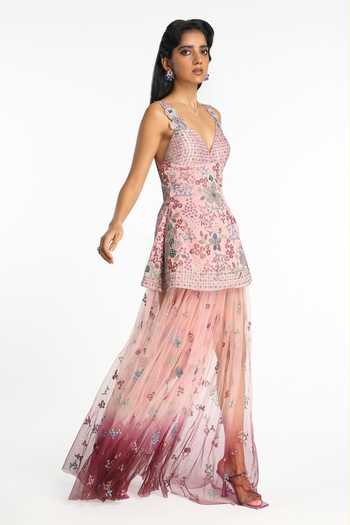 Shop_Aisha Rao_Pink Satin, Tulle, Silk V-neck Silene Baby Tunic And Sheer Skirt Set _Online_at_Aza_Fashions