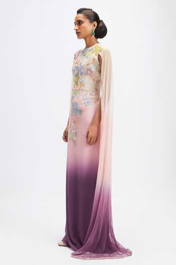 Aisha Rao_Pink Georgette Applique High Neck Mandevilla Dusk Gown _Online_at_Aza_Fashions