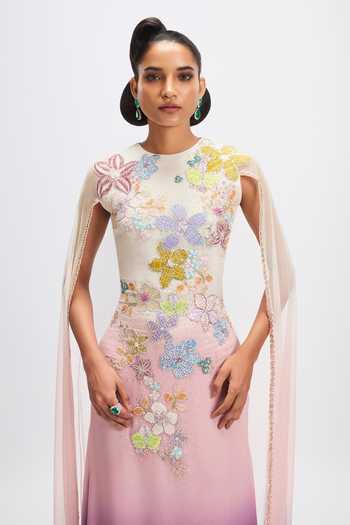 Buy_Aisha Rao_Pink Georgette Applique High Neck Mandevilla Dusk Gown _Online_at_Aza_Fashions