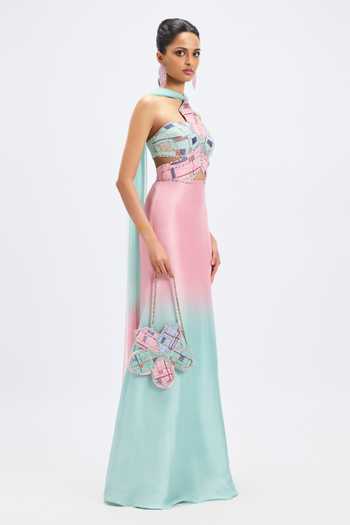 Aisha Rao_Pink Silk, Dupion Applique Halter Neck Geranium Aqua Ombre Gown _Online_at_Aza_Fashions
