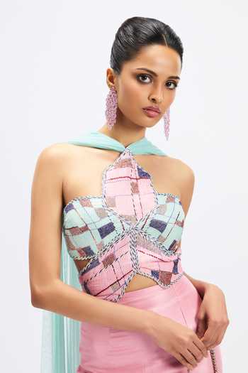 Buy_Aisha Rao_Pink Silk, Dupion Applique Halter Neck Geranium Aqua Ombre Gown _Online_at_Aza_Fashions