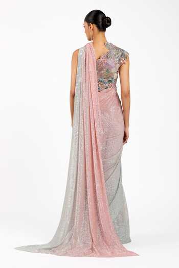 Aisha Rao_Pink Satin, Tulle, Silk One Blume Sequin Work Pre-draped Saree With Blouse _Online_at_Aza_Fashions