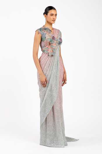 Buy_Aisha Rao_Pink Satin, Tulle, Silk One Blume Sequin Work Pre-draped Saree With Blouse _Online_at_Aza_Fashions