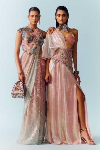 Shop_Aisha Rao_Pink Satin, Tulle, Silk One Blume Sequin Work Pre-draped Saree With Blouse _Online_at_Aza_Fashions