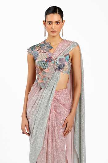 Aisha Rao_Pink Satin, Tulle, Silk One Blume Sequin Work Pre-draped Saree With Blouse _at_Aza_Fashions