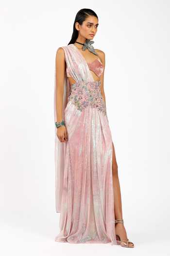 Buy_Aisha Rao_Pink Velvet, Tulle Sweetheart Astrale Sequin Work Pre-draped Saree With Bralette _Online_at_Aza_Fashions