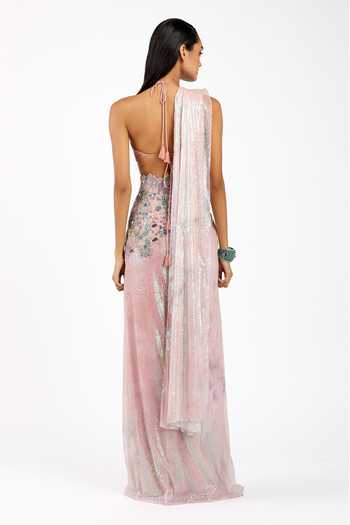 Aisha Rao_Pink Velvet, Tulle Sweetheart Astrale Sequin Work Pre-draped Saree With Bralette _Online_at_Aza_Fashions