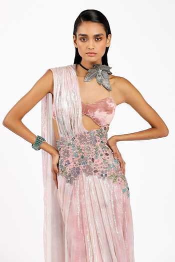Shop_Aisha Rao_Pink Velvet, Tulle Sweetheart Astrale Sequin Work Pre-draped Saree With Bralette _Online_at_Aza_Fashions