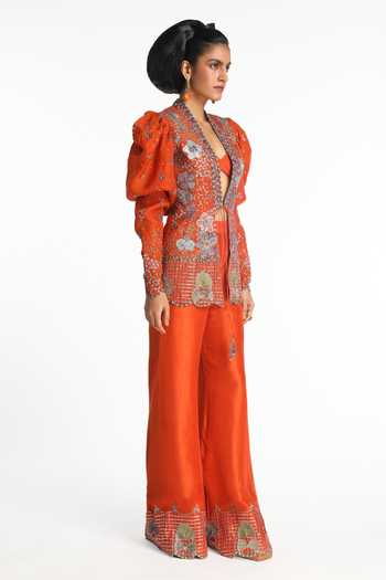 Aisha Rao_Orange Silk, Organza, Dupion Open Neck, Ailante Burnt Jacket Pant Set _Online_at_Aza_Fashions