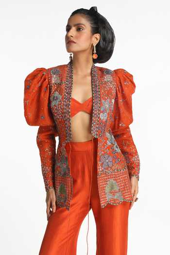 Buy_Aisha Rao_Orange Silk, Organza, Dupion Open Neck, Ailante Burnt Jacket Pant Set _Online_at_Aza_Fashions