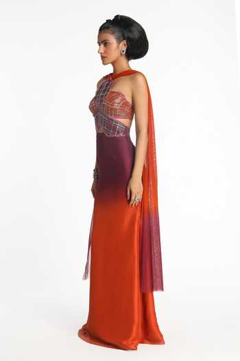 Aisha Rao_Purple Silk, Tulle, Dupion Embroidery, Sequins Halter Neck Geranium Ombre Gown _Online_at_Aza_Fashions