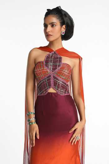 Buy_Aisha Rao_Purple Silk, Tulle, Dupion Embroidery, Sequins Halter Neck Geranium Ombre Gown _Online_at_Aza_Fashions