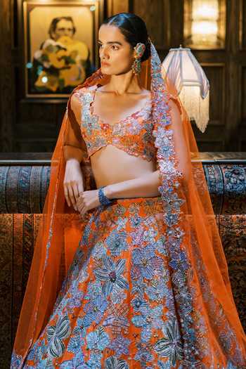 Aisha Rao_Orange Satin, Net, Tulle V-neck Cyanora Printed And Embellished Lehenga Set _Online_at_Aza_Fashions