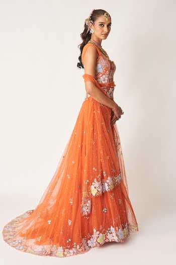 Buy_Aisha Rao_Orange Silk, Tulle Sweetheart Neck Azalee Saree Lehenga Set _Online_at_Aza_Fashions