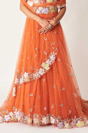 Shop_Aisha Rao_Orange Silk, Tulle Sweetheart Neck Azalee Saree Lehenga Set _Online_at_Aza_Fashions
