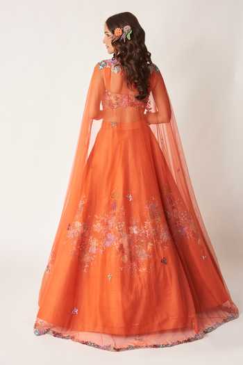 Aisha Rao_Orange Silk, Tulle Sweetheart Neck Valeria Applique Work Lehenga Set _Online_at_Aza_Fashions