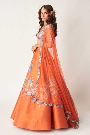 Buy_Aisha Rao_Orange Silk, Tulle Sweetheart Neck Valeria Applique Work Lehenga Set _Online_at_Aza_Fashions