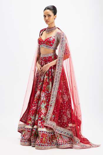 Buy_Aisha Rao_Red Organza, Tulle Sweetheart Neck Rubisette Applique Work Lehenga Set _Online_at_Aza_Fashions