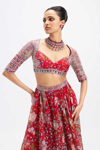 Shop_Aisha Rao_Red Organza, Tulle Sweetheart Neck Rubisette Applique Work Lehenga Set _Online_at_Aza_Fashions
