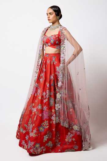 Aisha Rao_Red Organza, Tulle Sweetheart Neck Ambrosia Pleated Lehenga Set _Online_at_Aza_Fashions