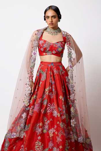 Buy_Aisha Rao_Red Organza, Tulle Sweetheart Neck Ambrosia Pleated Lehenga Set _Online_at_Aza_Fashions
