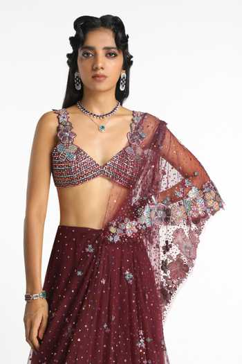 Aisha Rao_Maroon Tulle V-neck Mireille Lehenga Saree Set _Online_at_Aza_Fashions
