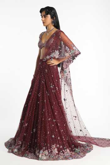 Buy_Aisha Rao_Maroon Tulle V-neck Mireille Lehenga Saree Set _Online_at_Aza_Fashions