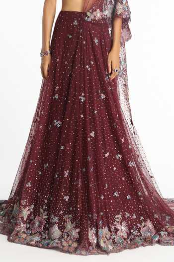 Shop_Aisha Rao_Maroon Tulle V-neck Mireille Lehenga Saree Set _Online_at_Aza_Fashions