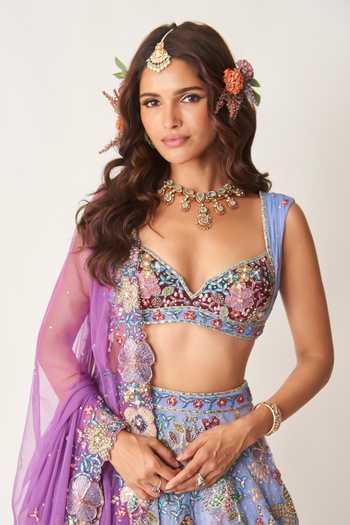Shop_Aisha Rao_Blue Tulle Sweetheart Neck Mirabelle Plum Lehenga Set _Online_at_Aza_Fashions