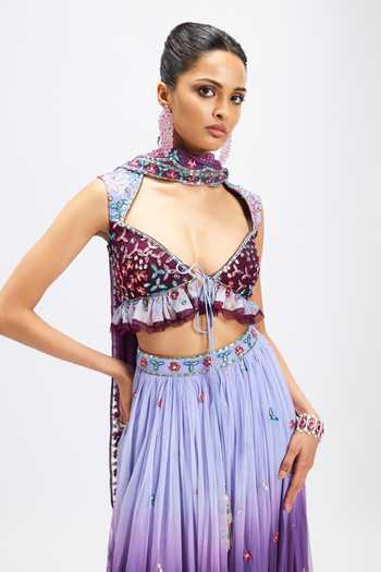 Buy_Aisha Rao_Purple Tulle Sweetheart Neck Ametrine Plum Dusk Blue Lehenga Set _Online_at_Aza_Fashions
