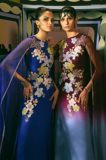 Aisha Rao_Blue Georgette Applique Round Neck Mandevina Plum Cape Gown _Online_at_Aza_Fashions
