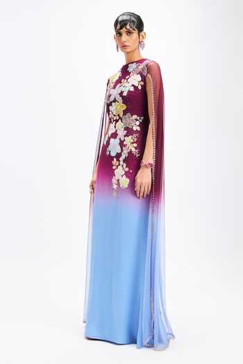 Buy_Aisha Rao_Blue Georgette Applique Round Neck Mandevina Plum Cape Gown _Online_at_Aza_Fashions