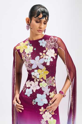 Shop_Aisha Rao_Blue Georgette Applique Round Neck Mandevina Plum Cape Gown _Online_at_Aza_Fashions