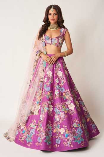 Aisha Rao_Purple Silk, Tulle Sweetheart Neck Aubrielle Raw Lehenga Set _Online_at_Aza_Fashions