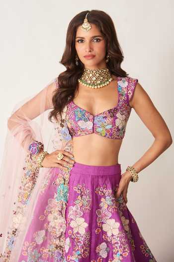 Buy_Aisha Rao_Purple Silk, Tulle Sweetheart Neck Aubrielle Raw Lehenga Set _Online_at_Aza_Fashions