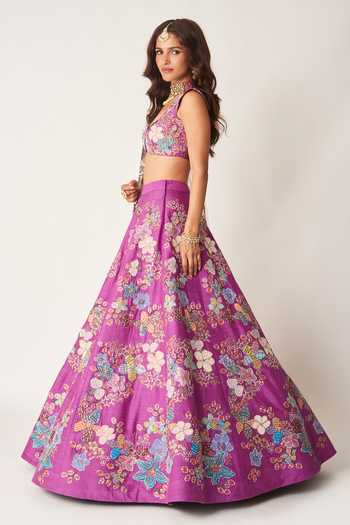 Shop_Aisha Rao_Purple Silk, Tulle Sweetheart Neck Aubrielle Raw Lehenga Set _Online_at_Aza_Fashions