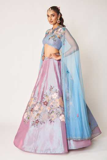 Buy_Aisha Rao_Sky Blue Tissue, Tulle Aubepine Wisteria Lehenga And Cape Set _Online_at_Aza_Fashions