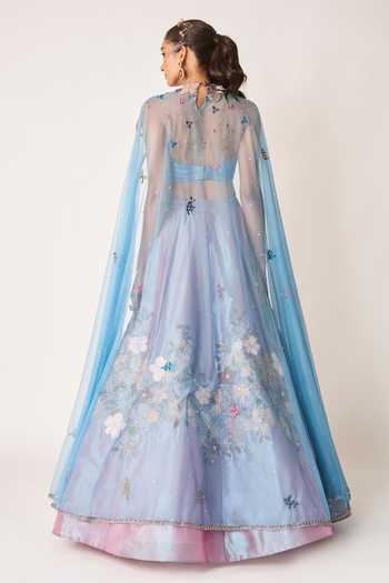 Aisha Rao_Sky Blue Tissue, Tulle Aubepine Wisteria Lehenga And Cape Set _Online_at_Aza_Fashions