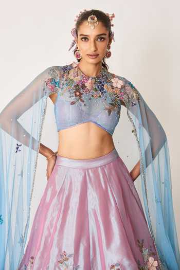 Shop_Aisha Rao_Sky Blue Tissue, Tulle Aubepine Wisteria Lehenga And Cape Set _Online_at_Aza_Fashions