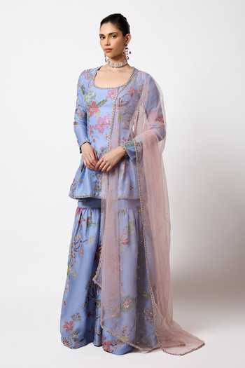 Aisha Rao_Blue Organza, Tulle Square Neck Siranee Cornflower Gharara Set _Online_at_Aza_Fashions
