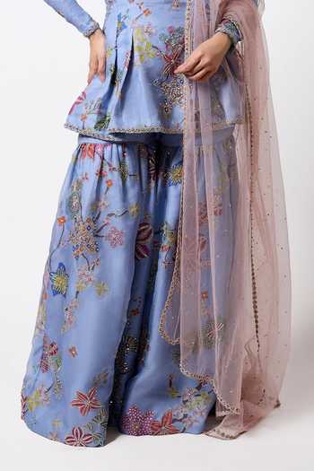 Buy_Aisha Rao_Blue Organza, Tulle Square Neck Siranee Cornflower Gharara Set _Online_at_Aza_Fashions