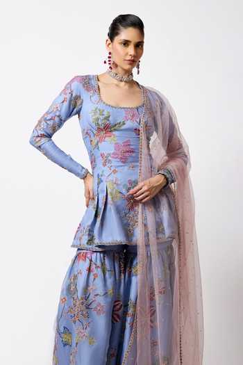 Shop_Aisha Rao_Blue Organza, Tulle Square Neck Siranee Cornflower Gharara Set _Online_at_Aza_Fashions