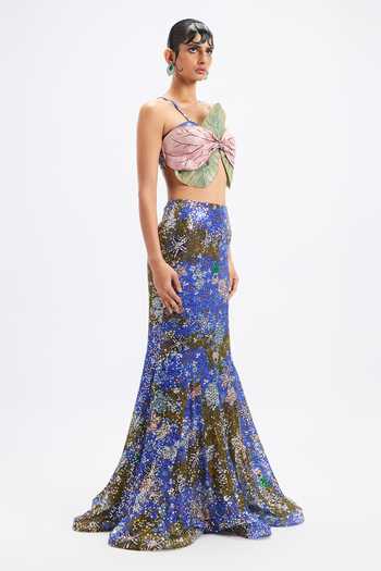 Aisha Rao_Blue Georgette, Lurex Asymmetric Amaryllis Olive Sequin Fishtail Skirt Set _Online_at_Aza_Fashions