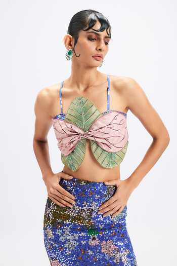 Buy_Aisha Rao_Blue Georgette, Lurex Asymmetric Amaryllis Olive Sequin Fishtail Skirt Set _Online_at_Aza_Fashions