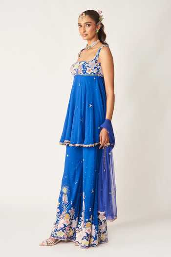 Aisha Rao_Blue Georgette, Tulle Square Neck, Yes Bleuciel Persian Sharara Set _Online_at_Aza_Fashions