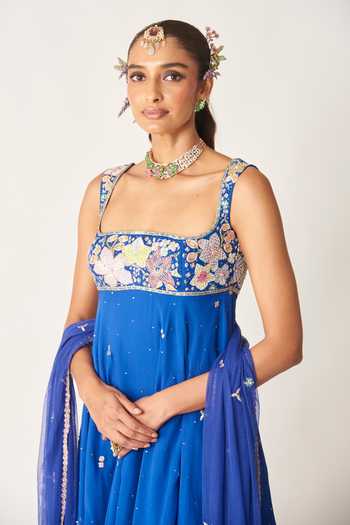 Buy_Aisha Rao_Blue Georgette, Tulle Square Neck, Yes Bleuciel Persian Sharara Set _Online_at_Aza_Fashions