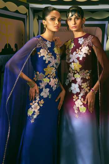 Aisha Rao_Blue Georgette Applique High Neck Mandevilla Persian Gown _Online_at_Aza_Fashions