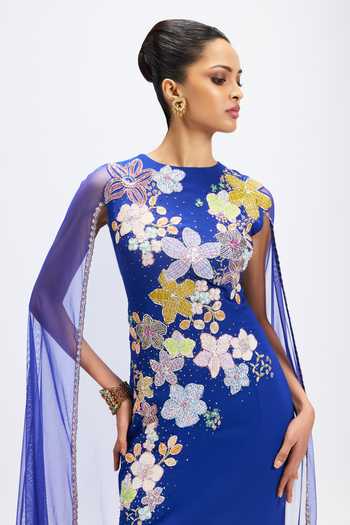 Buy_Aisha Rao_Blue Georgette Applique High Neck Mandevilla Persian Gown _Online_at_Aza_Fashions