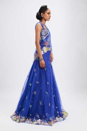 Buy_Aisha Rao_Blue Silk, Tulle Square Neck Azalee Persian Lehenga Saree Set _Online_at_Aza_Fashions